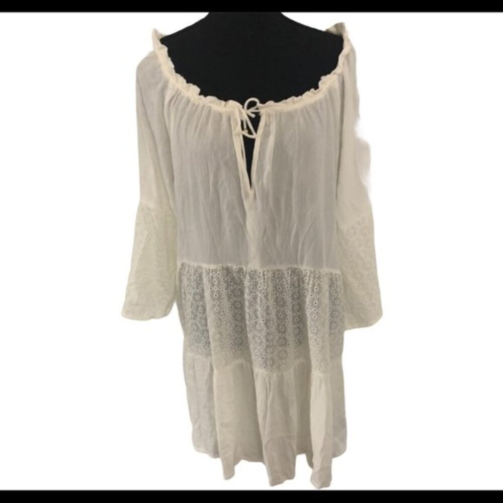 Sperry Dress White Eyelet Lace Tiered Boho Tunic Mini Dress Keyhole Tie Gauze XL